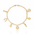 The Women Mega Lucky Charm Anklet Bracelet, crafted in a style similar to a 14k gold-filled anklet, boasts seven charms including an anchor, a hamsa hand, a chili pepper, a pentacle, a money bag, and a horseshoe. This collection of good luck amulets is beautifully displayed on a white background.